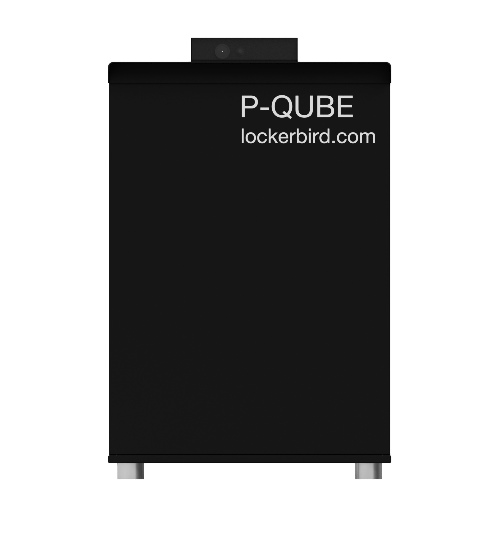 Front view of black P-QUBE smart parcel box with lockerbird.com branding and sturdy legs