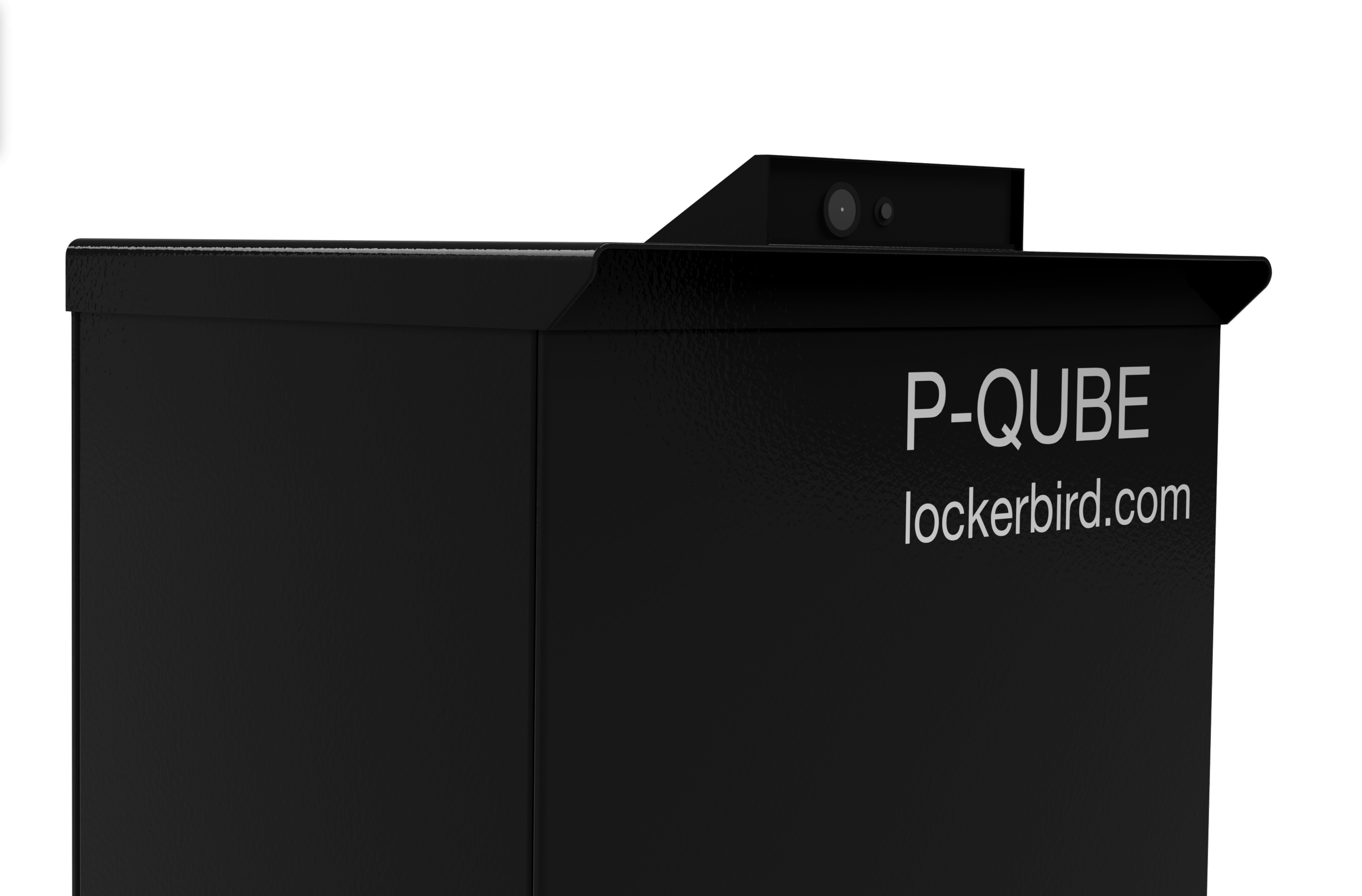 Black P-QUBE smart parcel box with integrated camera on top side edge