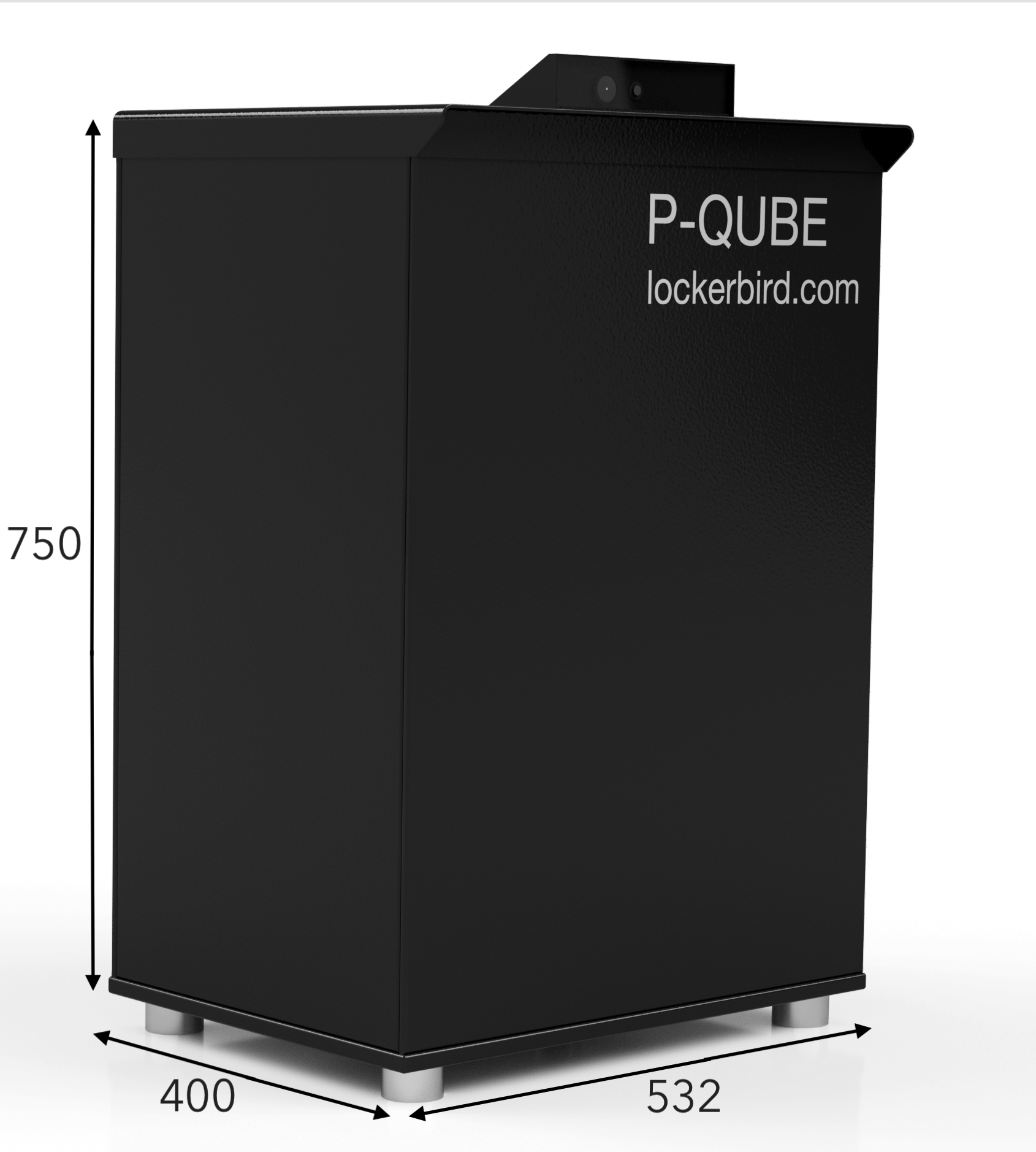 Side view of black P-QUBE smart parcel box showing dimensions 750 mm height, 532 mm width, and 400 mm depth